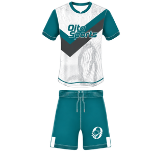 Conjunto de Uniforme de Rugby de Manga Corta en Color Verde Azulado Oscuro, Blanco y Gris, Jersey de Rugby con Cuello Redondo y Estampado Gráfico, Pantalones Cortos con Cordón, Ropa Deportiva para Equipo - Product Image 1