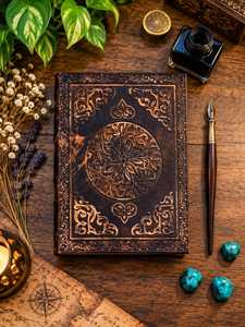 สมุดบันทึกหนังหินเทอร์ควอยซ์ลายพระจันทร์สามดวง ขนาด 7x5 นิ้ว ปกนูนลายหนังสือคาถา กระดาษขอบหยัก สีน้ำตาลเข้ม กริโมแวร์ - Product Image 4