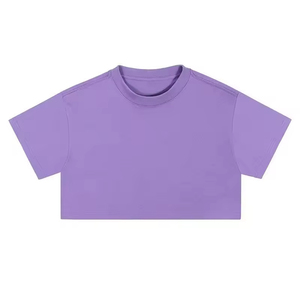 Crop top violet pour femme, manches courtes, col rond, tricoté, couleur unie, style décontracté printemps-été - Product Image 1