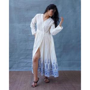Womens White Cotton Maxi <b>Dress</b> With Blue Block Print Long Sleeve Boho Wrap Style Summer <b>Dress</b> - Product Image 2