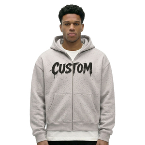 Custom Printed White <b>Hooded</b> <b>Zip</b>-Up Sweatshirt Men Oversized Crop Fit Dot Pattern Breathable Knitted Cotton Streetwear Style - Product Image 4