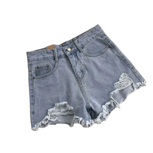 <b>Women's</b> High Waist Denim Shorts Straight Leg Distressed Wash Cotton Casual Summer Style Solid Color Blue <b>White</b> Black - Product Image 4