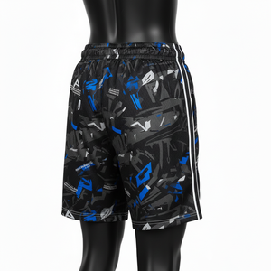 Short de basket-ball pour femme en maille polyester premium, noir, bleu camouflage, tissu sublimé, empiècements latéraux, logo personnalisé. - Product Image 4