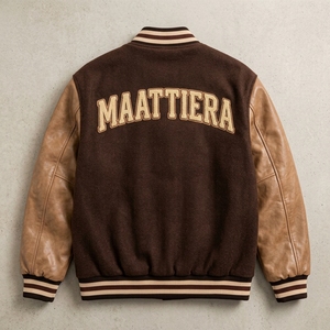 Maattiera Men's <b>Jacket</b> <b>Brown</b> Fleece <b>Leather</b> Sleeves Embroidered Letter Back Vintage Style Autumn Wear - Product Image 2