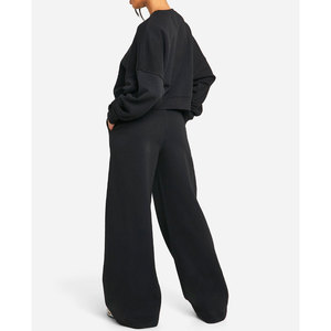 Pantalon de survêtement noir uni en maille pour femme, taille haute élastique, coupe ample décontractée, longueur intégrale - Product Image 3