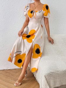Vestido Maxi de Verano para Mujer Talla Grande, Cuello con Lazo, Mangas Abullonadas, Estampado Floral, Tejido de Tela, Silueta en A, Cintura Alta, Transpirable - Product Image 4