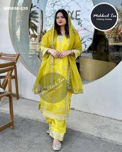 Conjunto exclusivo de estilo moderno en seda chinon pesada con bordado, lentejuelas de 7 mm y trabajo de cordón, compuesto por pantalón palazzo, top y dupatta. Ropa étnica. - Product Image 5