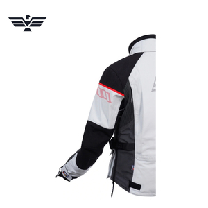 Veste de moto touring coupe-vent premium pour homme, blanche et noire, avec impression réfléchissante, protection intégrée, multi-poches - Product Image 2