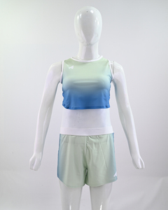 Women's 2pcs Premium Quick Dry Workout Set <b>Ombre</b> Crop Tank <b>Top</b> Athletic Running Shorts Printed Panel Custom Private Label - Product Image 2