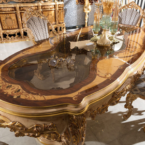 Ensemble de table à manger en bois de mahogany massif de style baroque royal haut de gamme, sculpté à la main en or, meubles de salle à manger classiques européens - Product Image 3
