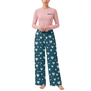 Women's Heart Print Pajama Set Long Sleeve O <b>Neck</b> Top Matching Long Pants Soft Elastic Waist Full Length Sleepwear - Product Image 5