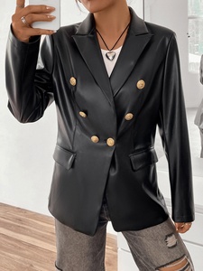 Elegante Blazer Vintage in <span class=keywords><strong>pelle</strong></span> sintetica da <span class=keywords><strong>donna</strong></span> Blazer doppiopetto in nero con abiti di lunga lunghezza spessi - Product Image 2