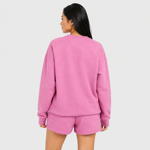 Ensemble de shorts en polaire pour femmes, 2 pièces, sweat-shirt à col rond, coupe régulière, style vintage, vêtements de sport décontractés, imprimé, 100% coton - Product Image 4