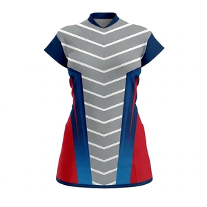 Conjunto de Uniforme de Voleibol Sublimado para Mujer, Gris, Azul y Rojo, Estampado Geométrico, Manga Corta, Ajustado, Absorbe la Humedad, Ropa para Todas las Temporadas - Product Image 3