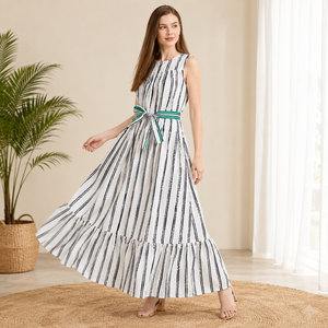 Vestido Largo sin Mangas con Estampado de Puntos Blancos para Mujer, con Cinturón Verde, Estilo Casual Holgado, Transpirable, de Algodón, con Borlas y Capas Transparentes, para Verano - Product Image 3