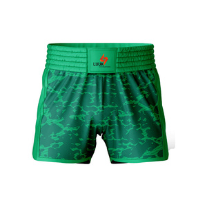 Shorts de boxe personnalisables avec logo camouflage vert pour hommes, 100% polyester, séchage rapide, vêtements d'arts martiaux, shorts de Muay Thai - Product Image 2