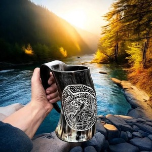 Mug en corne avec bordure en laiton poli fait main, artisanat exquis, écologique, capacité personnalisable, vaisselle de luxe - Product Image 2