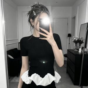 2026 Summer Eco-Friendly Logo Print Petal Hem Loose Fit Knit T-shirt <b>Top</b> Daily Casual Outfit for Fashion Women - Product Image 5