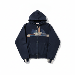 TAWFIQ <b>Women's</b> <b>Navy</b> Hoodie With City Print Zip Front Casual Autumn Wear 100% Cotton Fleece Regular Fit - Product Image 3
