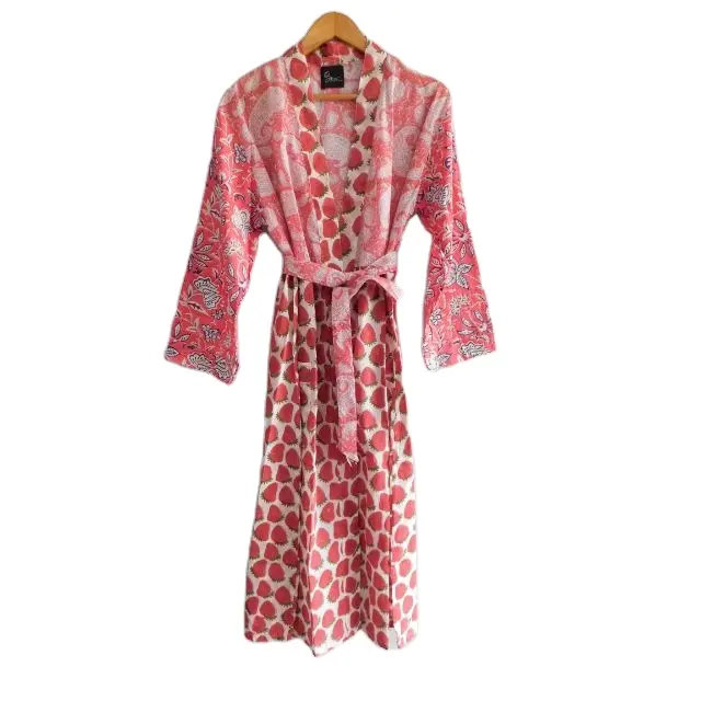 Roze Lange Katoenen Kimono Met Bloemen Bedrukte Bikini Cover Up Handgemaakt Geïntimeerd