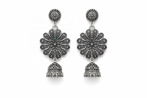 Handcrafted <b>Oxidized</b> Silver Floral Mandala Jhumka Earrings with Detailed Filigree Work and Ethnic Ghungroo Droplets - Product Image 2