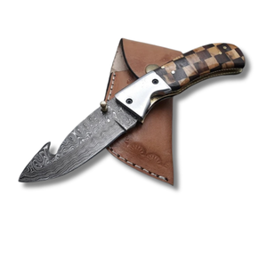 Premium Damascus Folding Gut Hook / hunting / skinning Knife Wholesale Supplier with Wooden Handle for USA and Europe Markets - Product Image 1