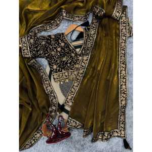 Sari de soirée de créateur avec broderie de sequins et de zari et bordure en dentelle pour robes de bal - Product Image 4