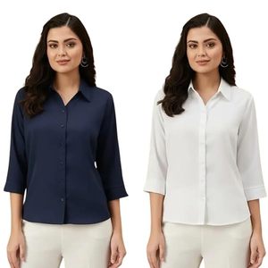 Camisa de Mujer de Punto Simple con Botones y Manga 3/4, 100% Algodón, Corte Ajustado, Blusa de Oficina con Logotipo Frontal - Product Image 1