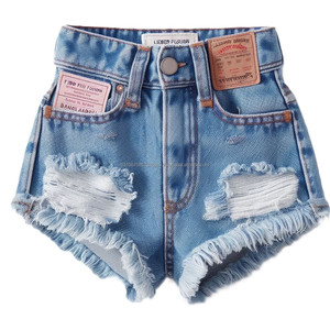 Pantalones cortos de mezclilla de cintura media para niñas, tela de mezclilla de algodón desgastado transpirable con rasgado deshilachado, pantalones vaqueros informales de verano - Product Image 4