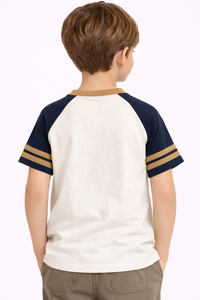 Boys Classic Contrast Raglan Henley T-<b>Shirt</b> – Soft Cotton <b>Half</b> Sleeve Kids Casual Tee with <b>Button</b> Placket and Striped Sleeve - Product Image 2
