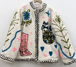 Chaqueta Blanca de Algodón Bordada con Diseño Floral de Gato y Bota, Cuello Mandarín, Manga Larga, Estilo Bohemio, Ropa de Primavera - Product Image 1