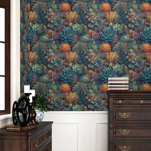 Papel Tapiz Autoadhesivo Vintage Colorido, Diseño de Plantas Suculentas y Flores en Verde/Rojo/Amarillo, Hoja Individual - Product Image 2