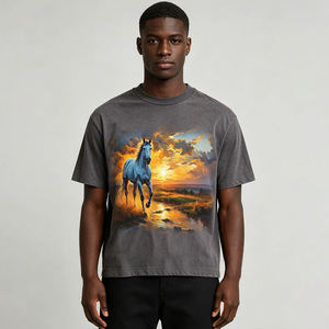 เสื้อยืดผ้าฝ้ายถักด้านหน้าลายม้าทรงพอดีตัวสไตล์วินเทจเสื้อคอกลมรุ่นพรีเมี่ยม - Product Image 2
