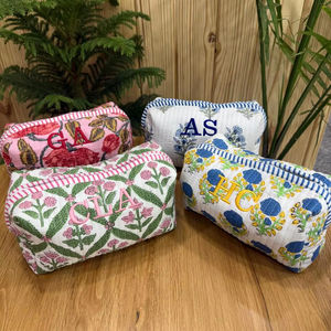 Bolsa de Aseo de Algodón Indio con Estampado de Bloques, Bolsa de Maquillaje, Bolsa de Viaje, Estuche de Maquillaje, Bolsa Combinable, Estuche Acolchado Estilo Boho - Product Image 1