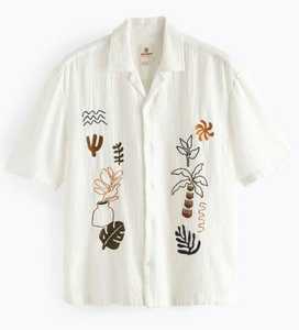 เสื้อเชิ้ตผู้ชายผ้าฝ้ายปักลายหรูหราสีงาช้าง แขนสั้น สไตล์ลำลองสำหรับฤดูร้อน ลายใบปาล์ม - Product Image 5