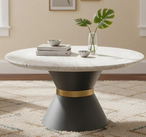 Mesa de centro moderna de dos tonos con una superficie negra y una de mármol blanco sobre una base gruesa de doble cilindro negro, a precio de mayorista. - Product Image 5