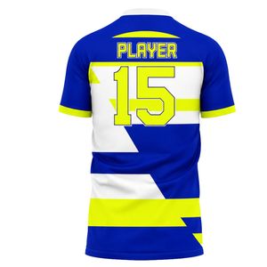 เสื้อฟุตบอลแขนสั้นสีน้ำเงินและสีเหลือง ดีไซน์ตัดกันโดดเด่น เหมาะสำหรับกีฬาทีมและการแข่งขัน - Product Image 2