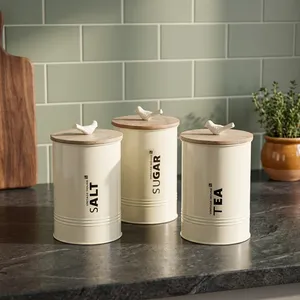 Juego de Recipientes de Cerámica Vintage para Cocina, 3 Piezas, Tapas de Madera para Almacenar Sal, Azúcar y Té, Conservación de Frescura, Portátil, Gran Capacidad - Product Image 3