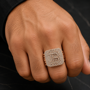 18ct Rose Gold Diamond <b>Initial</b> B Statement <b>Ring</b> for Men Luxury High Polish Baguette Design Wedding Party Gift Jewellery - Product Image 5