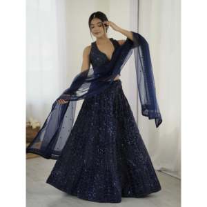 Ensemble de costume de soirée pour femme, bleu marine, en tissu net Lehenga Choli avec travail de sequins et de Dori, taille M, 100% polyester - Product Image 1