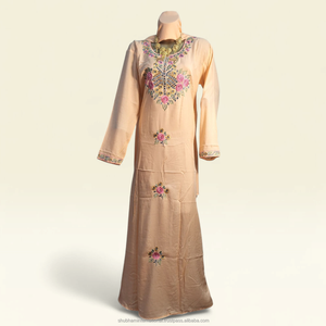 Peach Luxury Embroidered Kaftan <b>Dress</b> with Floral Motifs and <b>Long</b> Sleeves for Women Wedding Party Wear - Product Image 1