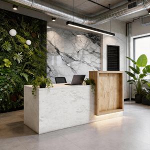 Mostrador de Recepción Moderno de 79 Pulgadas para Dos Personas, Acabado en Piedra, con Cajones, Bandeja para Teclado y Gestión de Cables LED - Product Image 1
