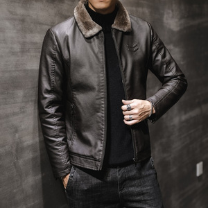 Veste en cuir marron pour homme avec col en fausse fourrure, fermeture éclair, coupe ajustée, style moto, vêtement d'hiver, couleur unie, longueur normale - Product Image 5