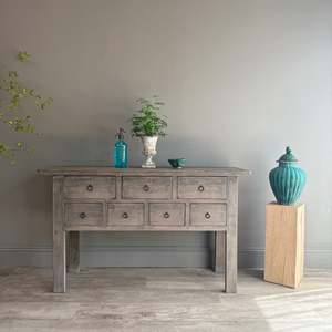 Antique <b>Console</b> <b>Table</b> With Drawers Rustic Bleached Solid Wood Entryway Multi Drawer Sideboard Farmhouse Hallway Sofa <b>Desk</b> - Product Image 1