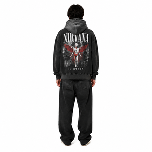 Custom Vintage <b>Band</b> Print Heavy Cotton Fleece Oversized <b>Hoodie</b> Washed Black Garment Dyed Y2K Streetwear Men OEM - Product Image 2
