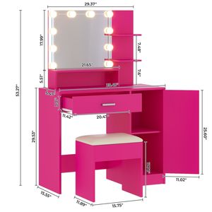 Set Toeletta Europea Rosa in MDF con 1 Cassetto e 1 Anta in Vetro, Tavolo da Trucco per Camera da Letto con Lampadina a Tre Colori, Impiallacciatura in Melamina per Comò - Product Image 2