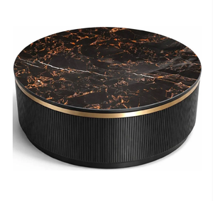 Table basse rectangulaire en marbre noir avec cadre latéral en métal à lattes et étagère inférieure, disponible à prix de gros. - Product Image 3