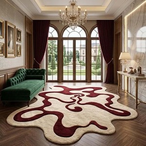 Alfombra de Área con Forma Orgánica, Roja y Marfil, Abstracta, Moderna, Hecha a Mano, de Lana, para Sala de Estar, Dormitorio, Decorativa - Product Image 4