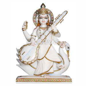 Marble Saraswati Idol | Handcrafted White Marble Saraswati Murti for <b>Home</b> & <b>Temple</b> – Maliyas - Product Image 1