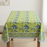 Nappe en coton imprimée à la main indienne, motif floral vert jaune bleu, rectangulaire, style bohème, pour salle à manger